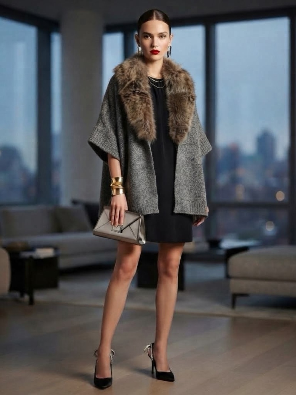 SOFIA CASHMERE 100% Cashmere+Real Fox Fur Collar Cardigan Size OS